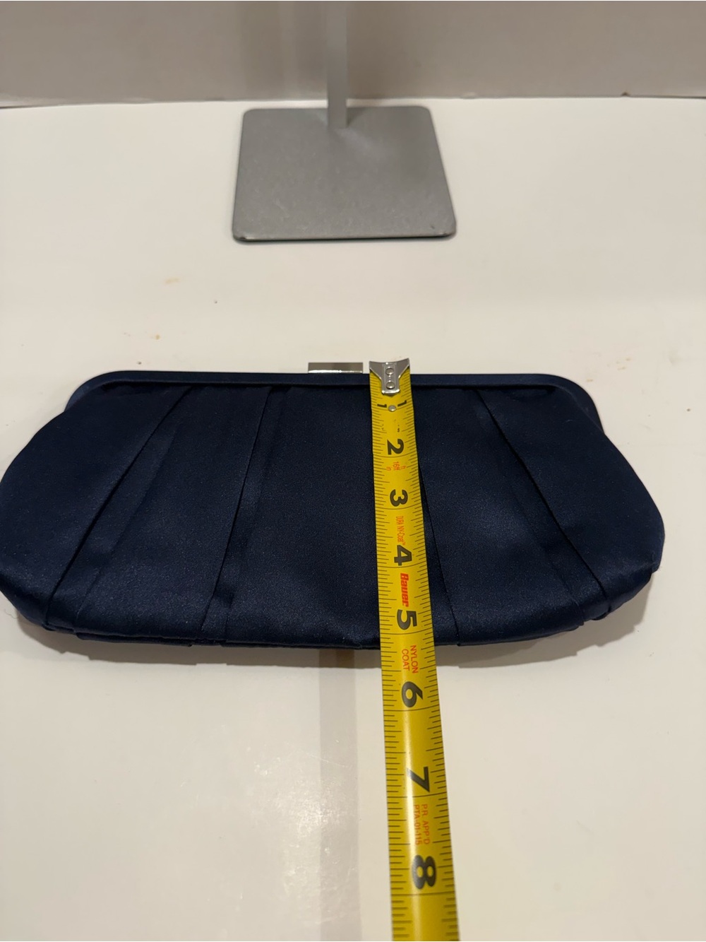 Nina Satin Evening Clutch in Navy with Hot Pink Lining with Silver Chain - Picture 7 of 11